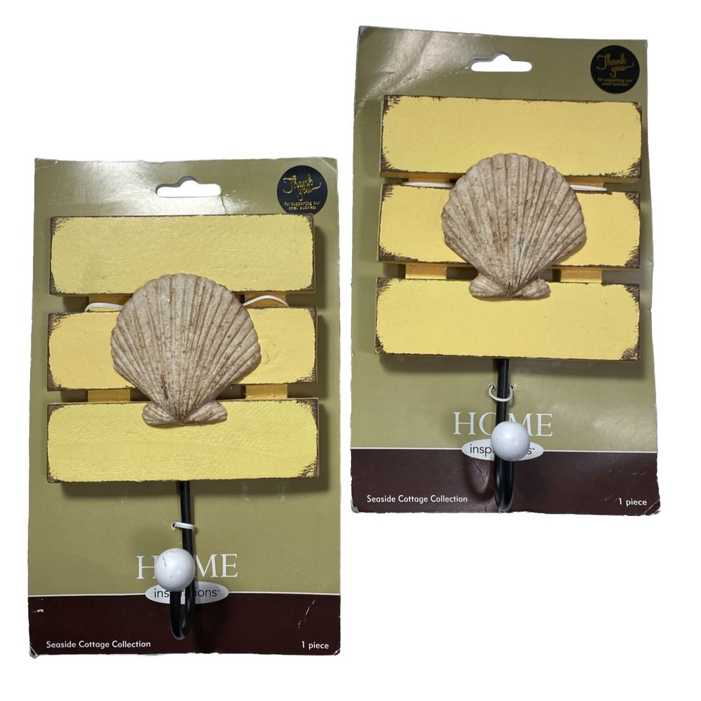 Home Inspirations Wall Hooks 1 PAIR 2 Seashell Shabby Seaside Cottage Ocean Wood